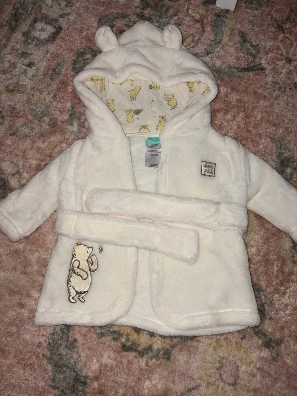 Disney Cream Baby Hooded Robe with Yellow Pooh Lining